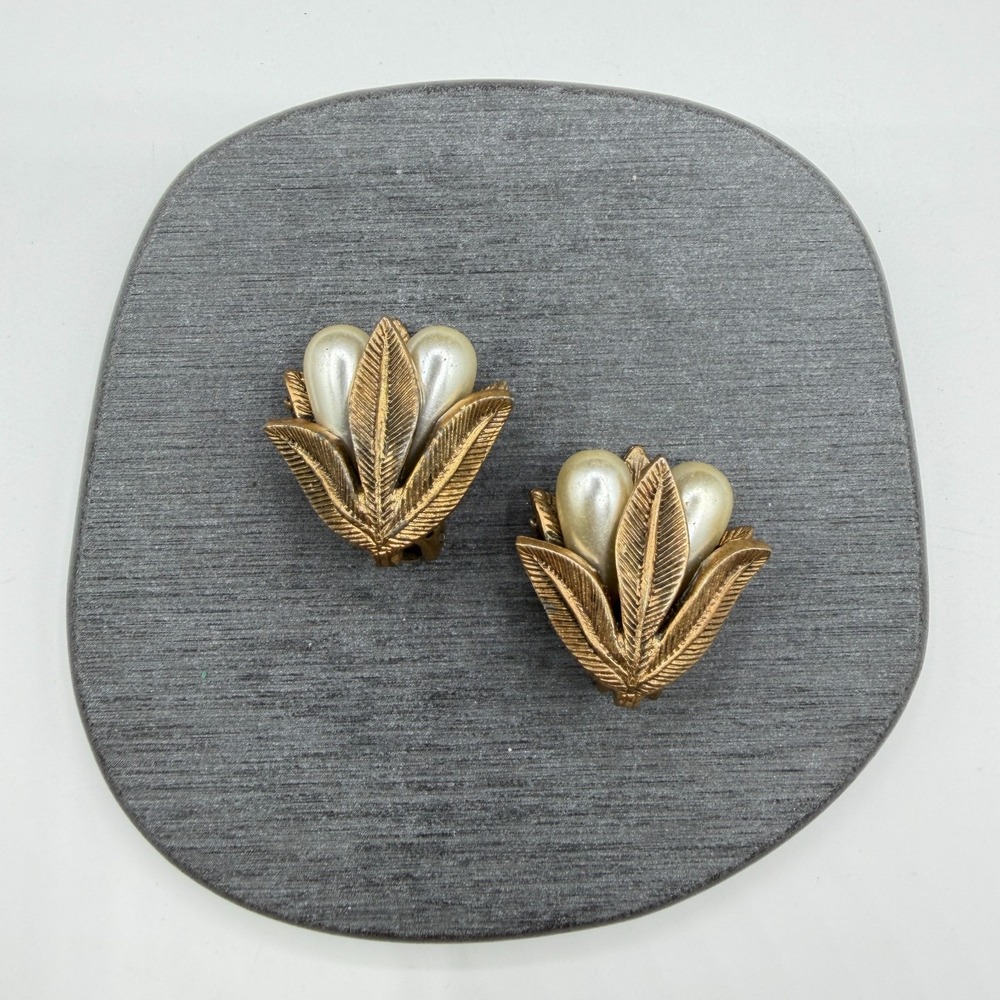 Gold Tone Leaf Faux Pearl Clip On Earrings Botanical Statement Cottagecore Gift